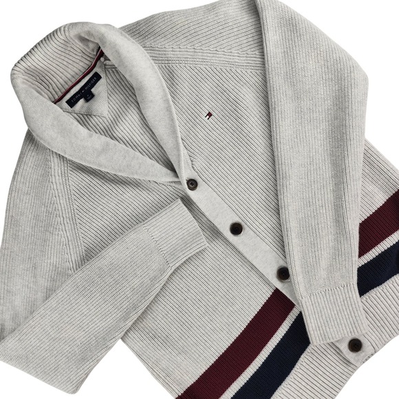 Tommy Hilfiger Other - Tommy Hilfiger Cardigan Men Medium Gray Striped Shawl Collar 100% Cotton preppy